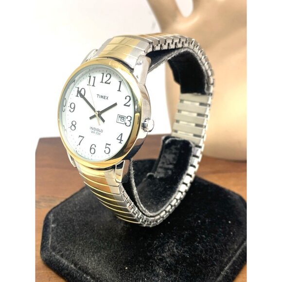Timex Men's Watch T2H311 Indiglo White Dial Quartz Two Tone Expansion Band 35mm - Picture 2 of 13